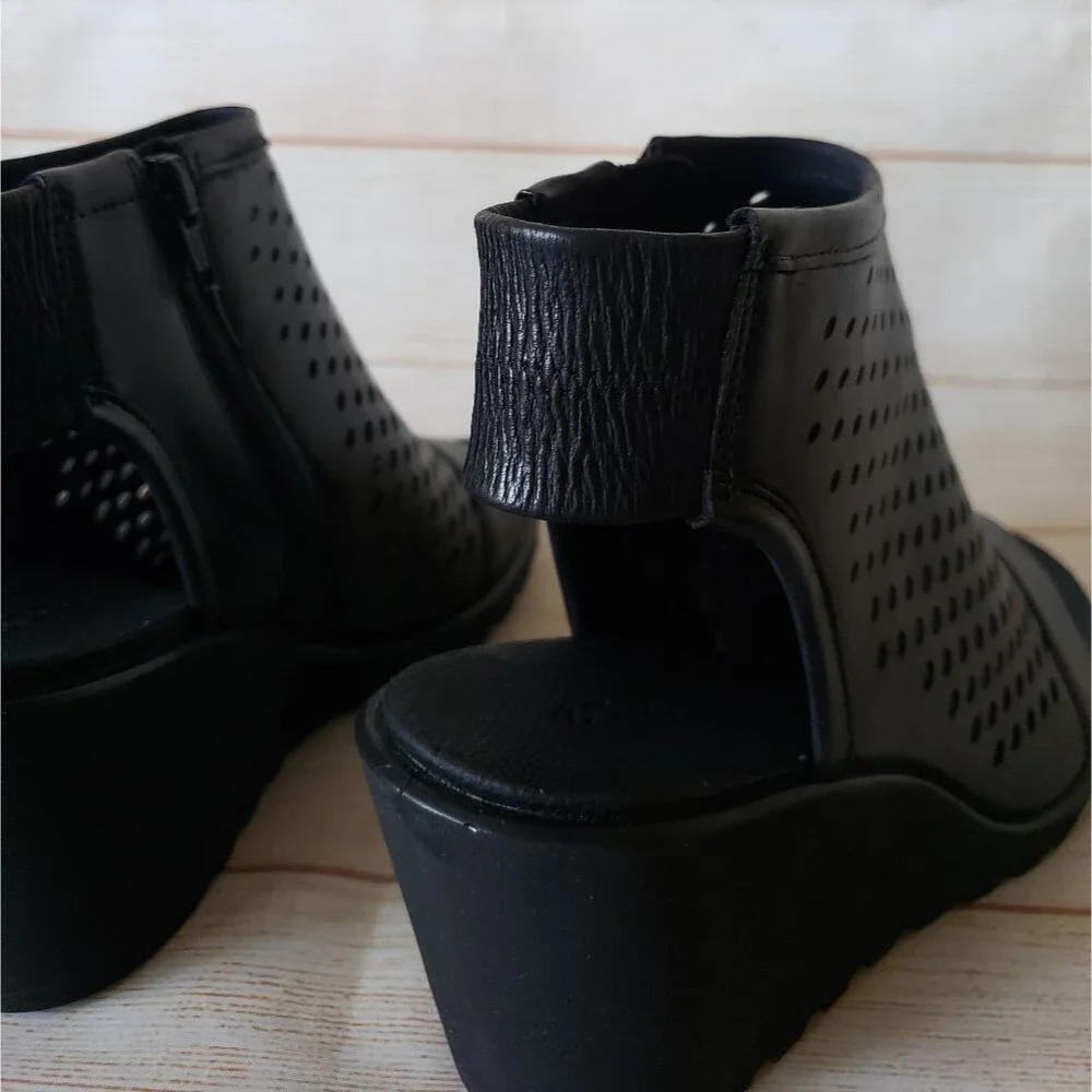 ECCO Freja Wedge Leather Sandal Bootie Ankle Boot Open Toe Laser Cut Black